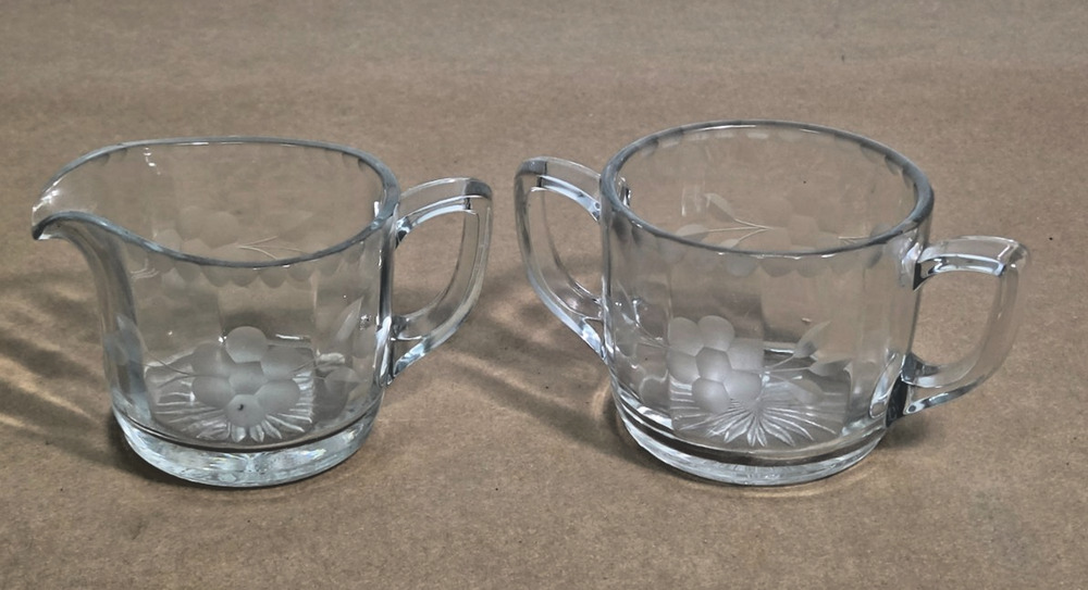 Vintage Hughes Cornflower Etched Glass Creamer and Sugar Bowl Set - Mid-Century